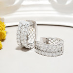 Three-Row Moissanite Huggie Hoop Earrings in 14K White Gold - View 2