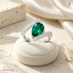 Pear Green CZ Bypass Ring in White Gold-Plated Sterling Silver - View 2