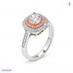 Moissanite Pink Halo Ring in White Gold-Plated Sterling Silver - View 1