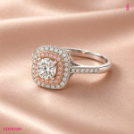 Moissanite Pink Halo Ring in White Gold-Plated Sterling Silver - View 3