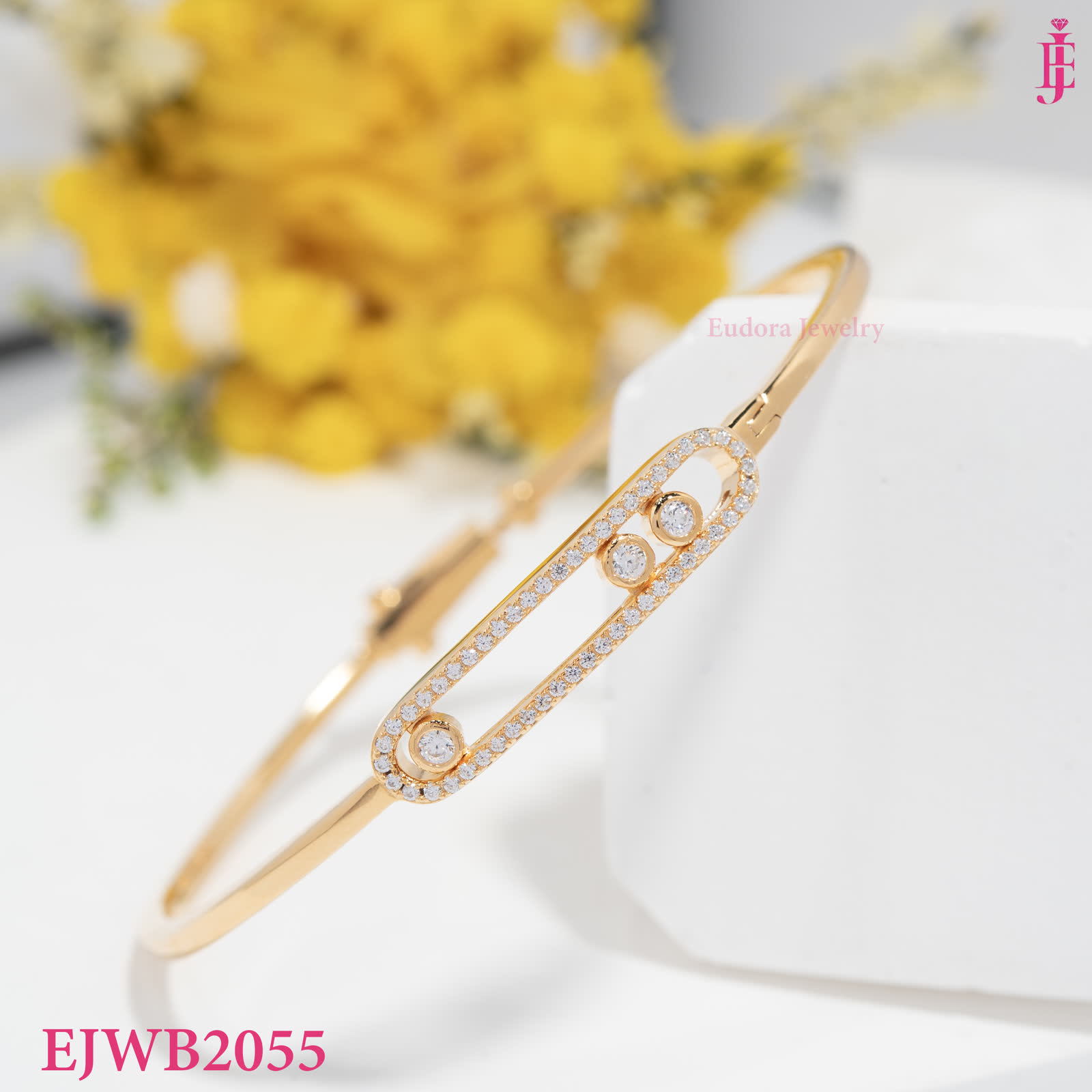 CZ Open Frame Bangle in Gold-Plated Sterling Silver - diagonal view of the frame