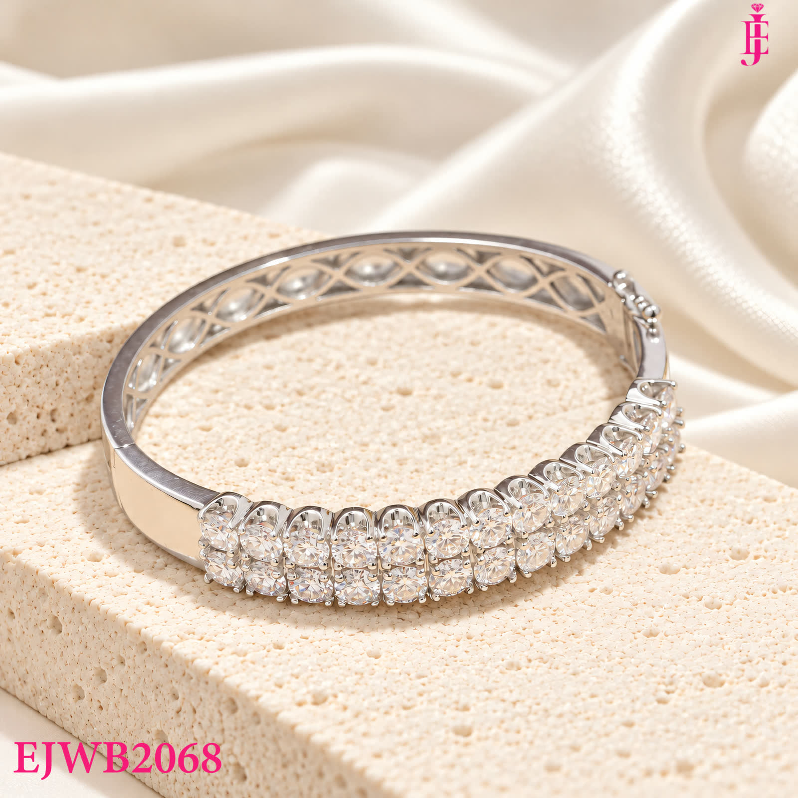 Silver-Tone Multi-Row Clear Stone Bangle Bracelet - detail view
