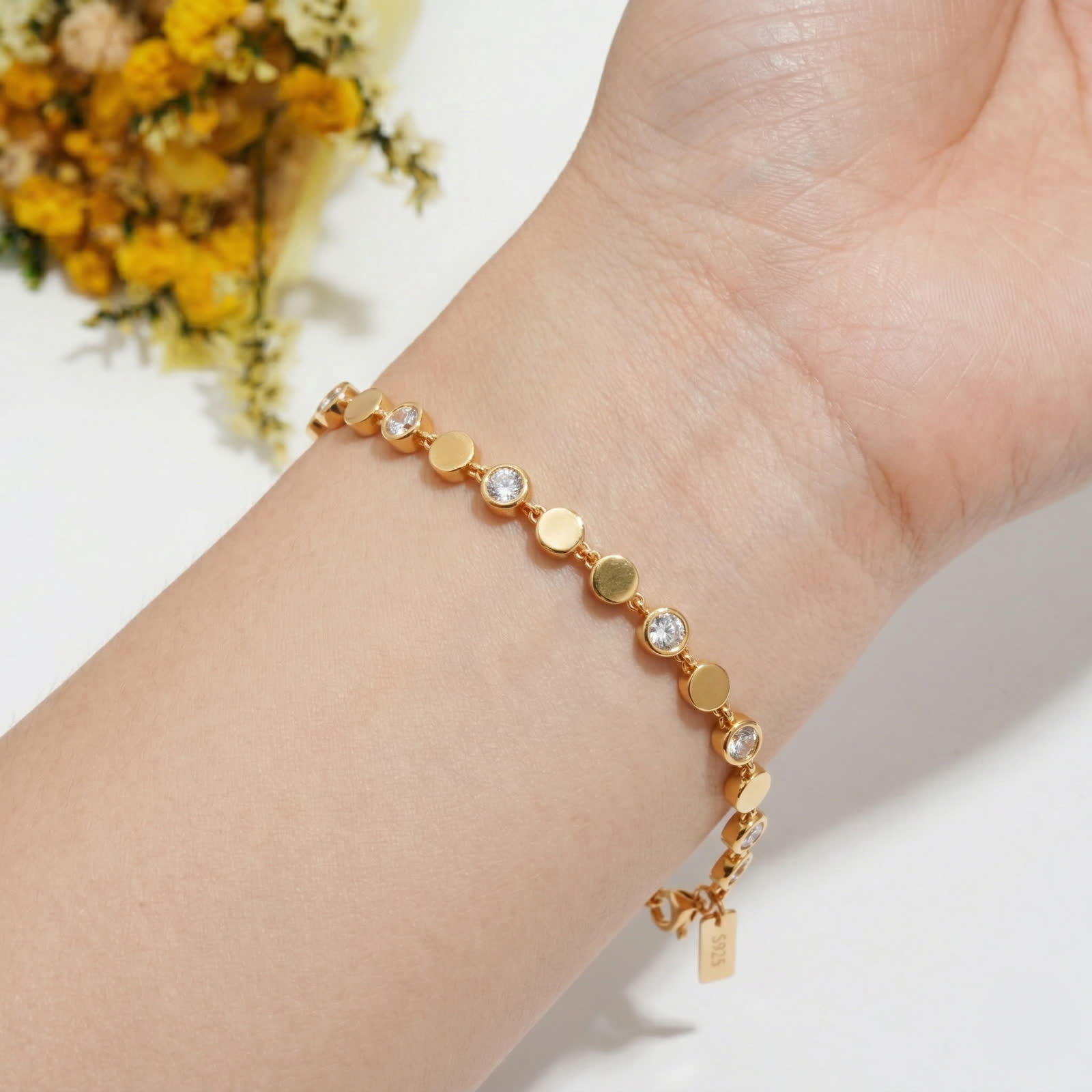 Round CZ Bezel Disc Bracelet in Gold-Plated Sterling Silver - worn on the wrist