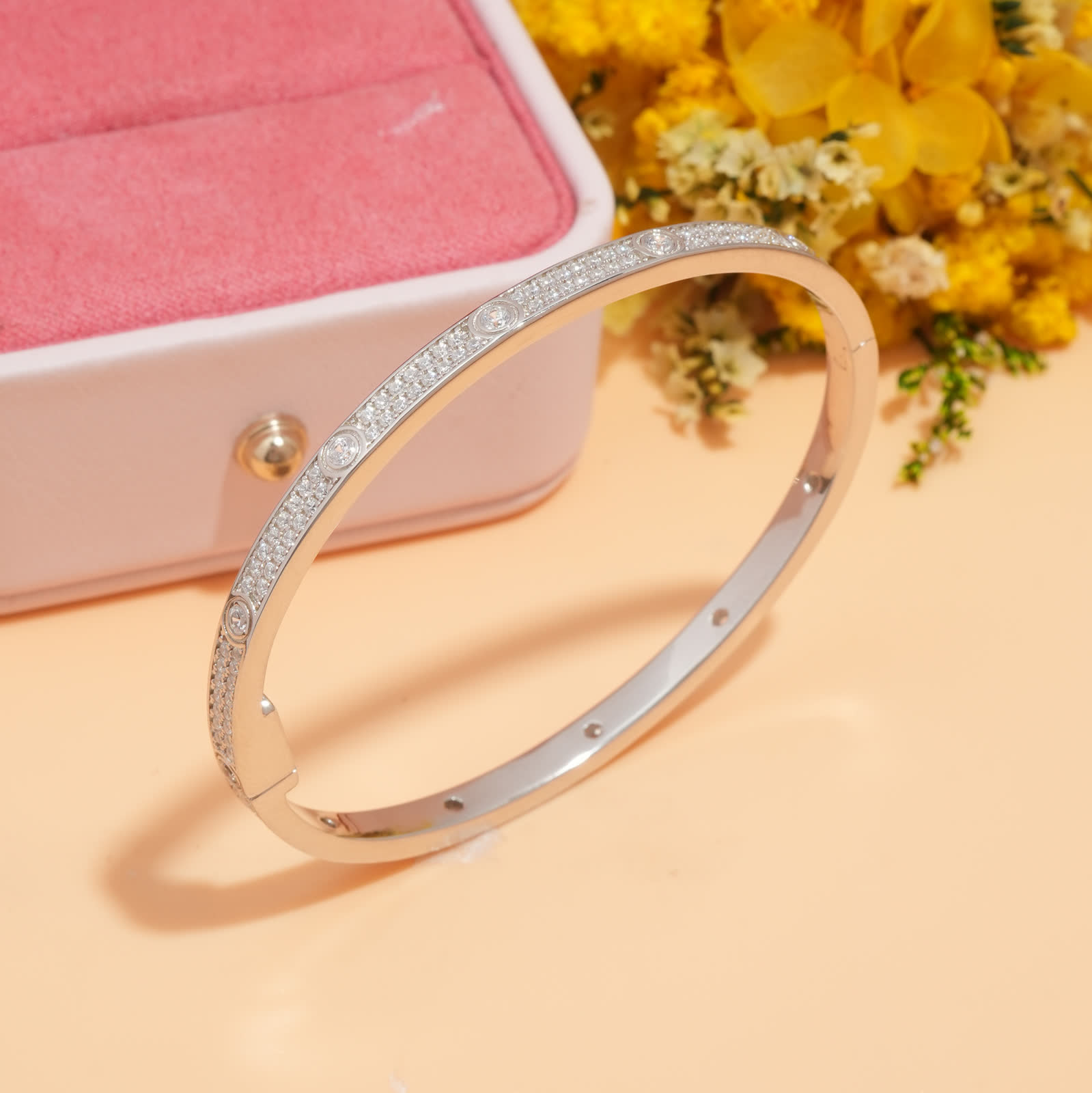 Circle Station Bangle in Plated Sterling Silver - worn view