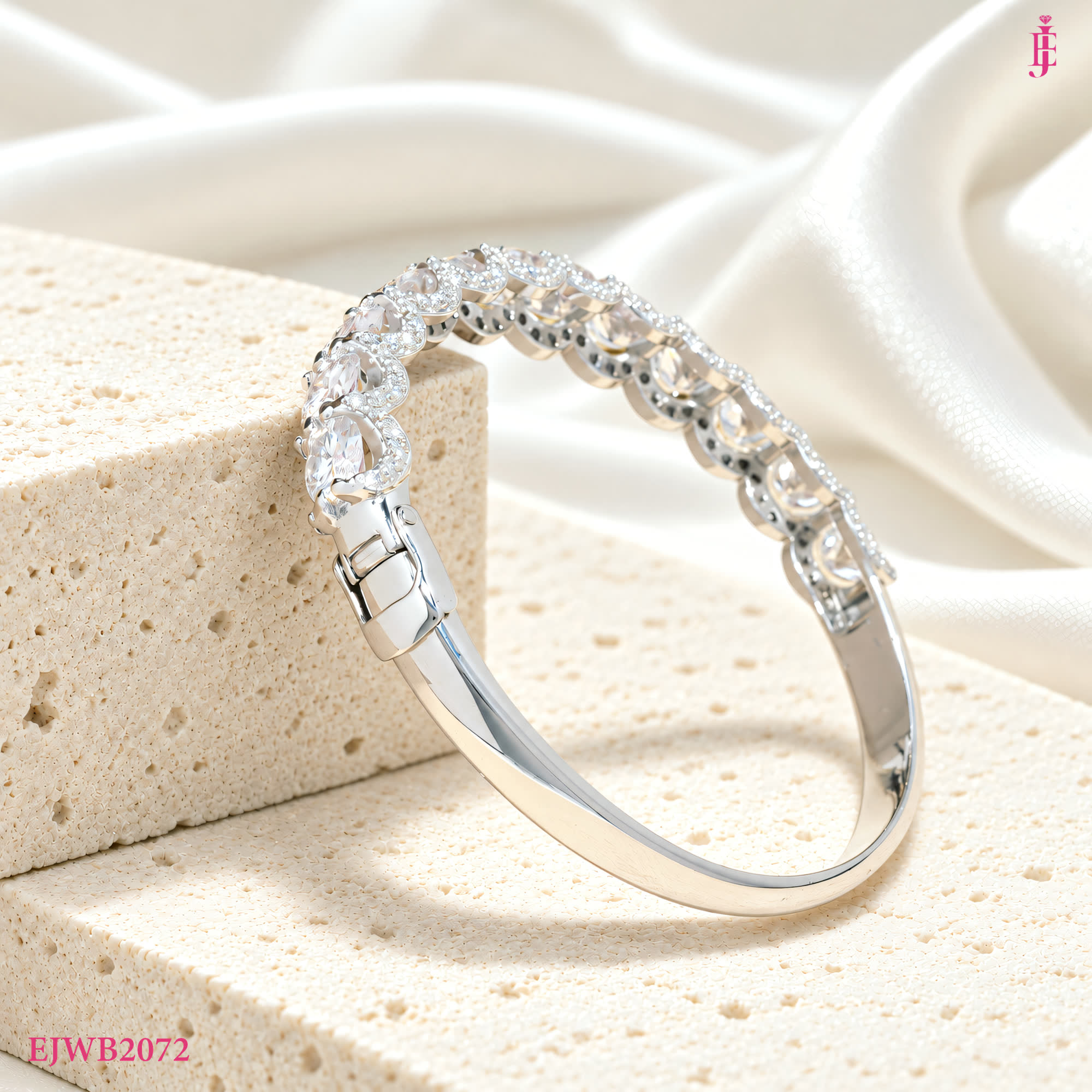 Round Moissanite Halo Bangle in Sterling Silver - side view showing the clasp