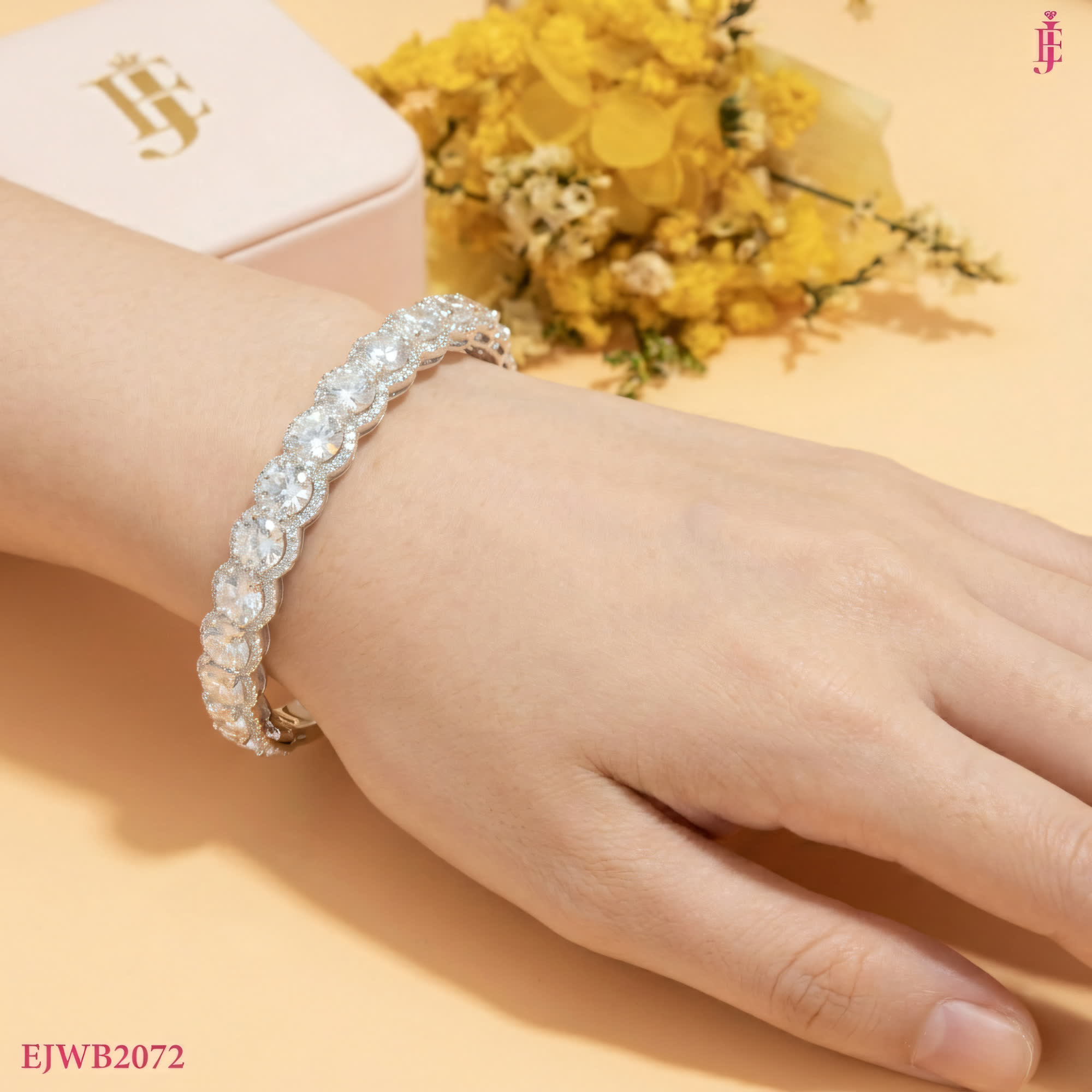 Round Moissanite Halo Bangle in Sterling Silver - worn on the wrist