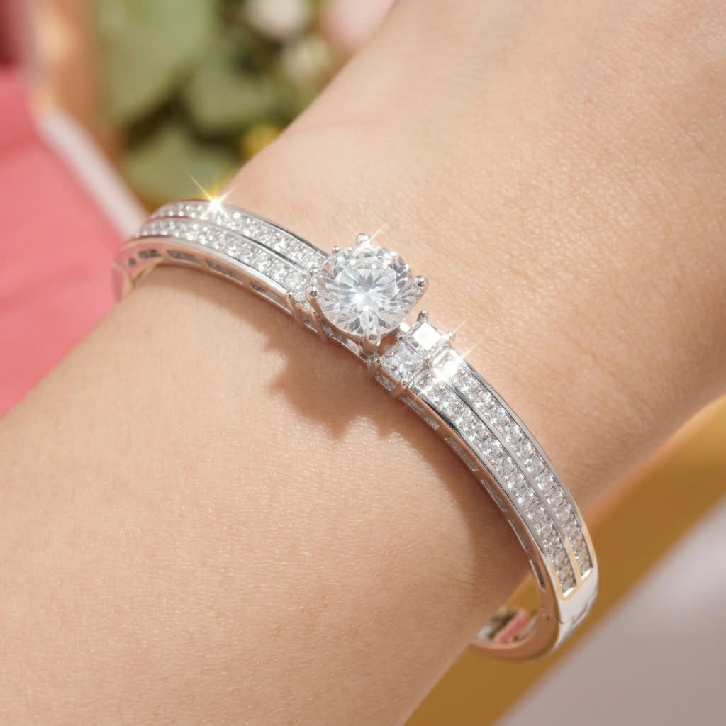 Solitaire Bangle in Platinum-Plated Sterling Silver worn on the wrist