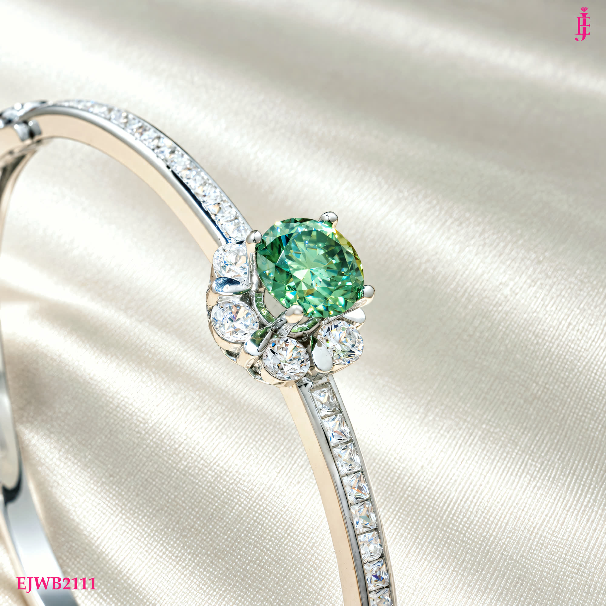Green Moissanite Bangle in White Gold-Plated Sterling Silver - close-up