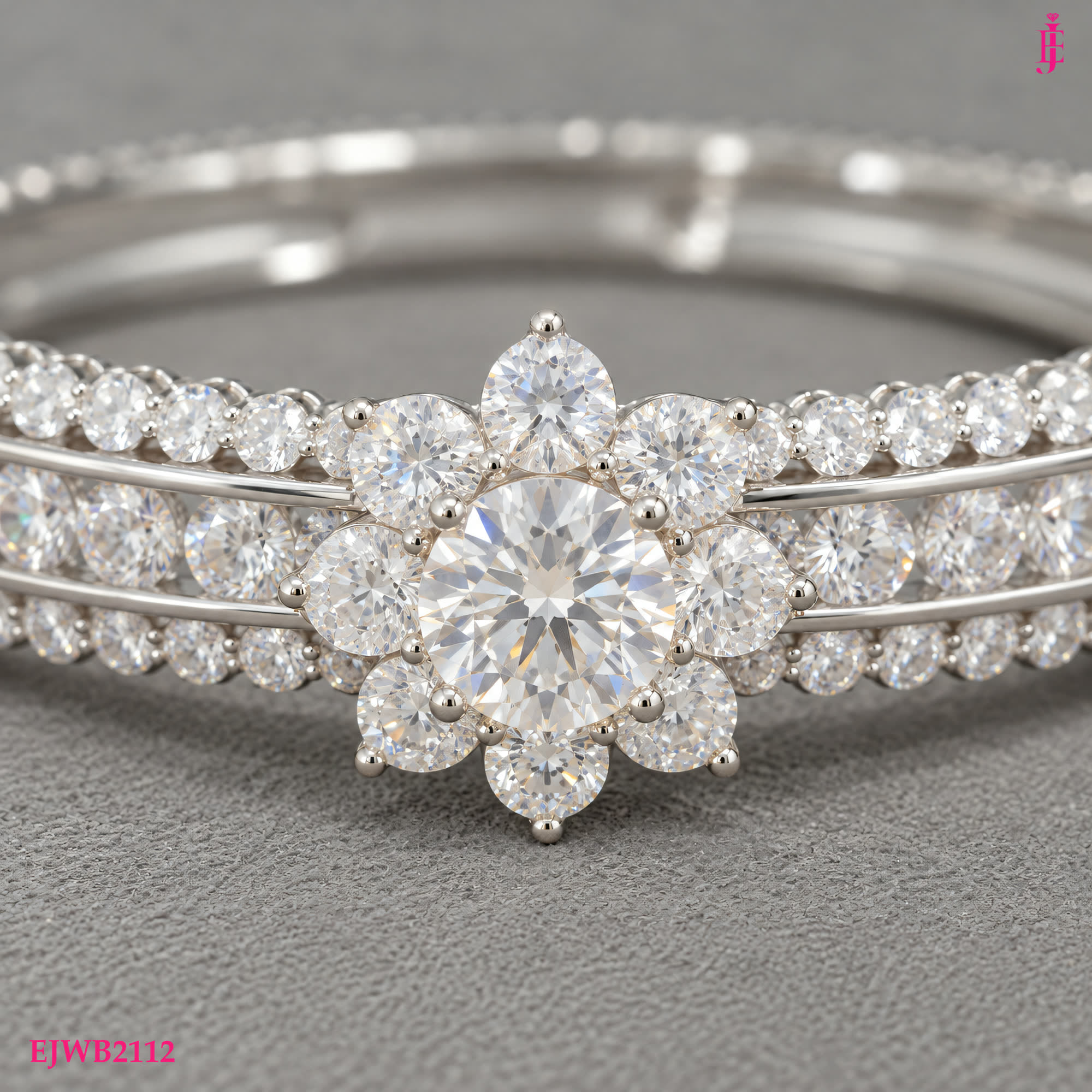 Moissanite Flower Bangle in White Gold-Plated Sterling Silver - close-up