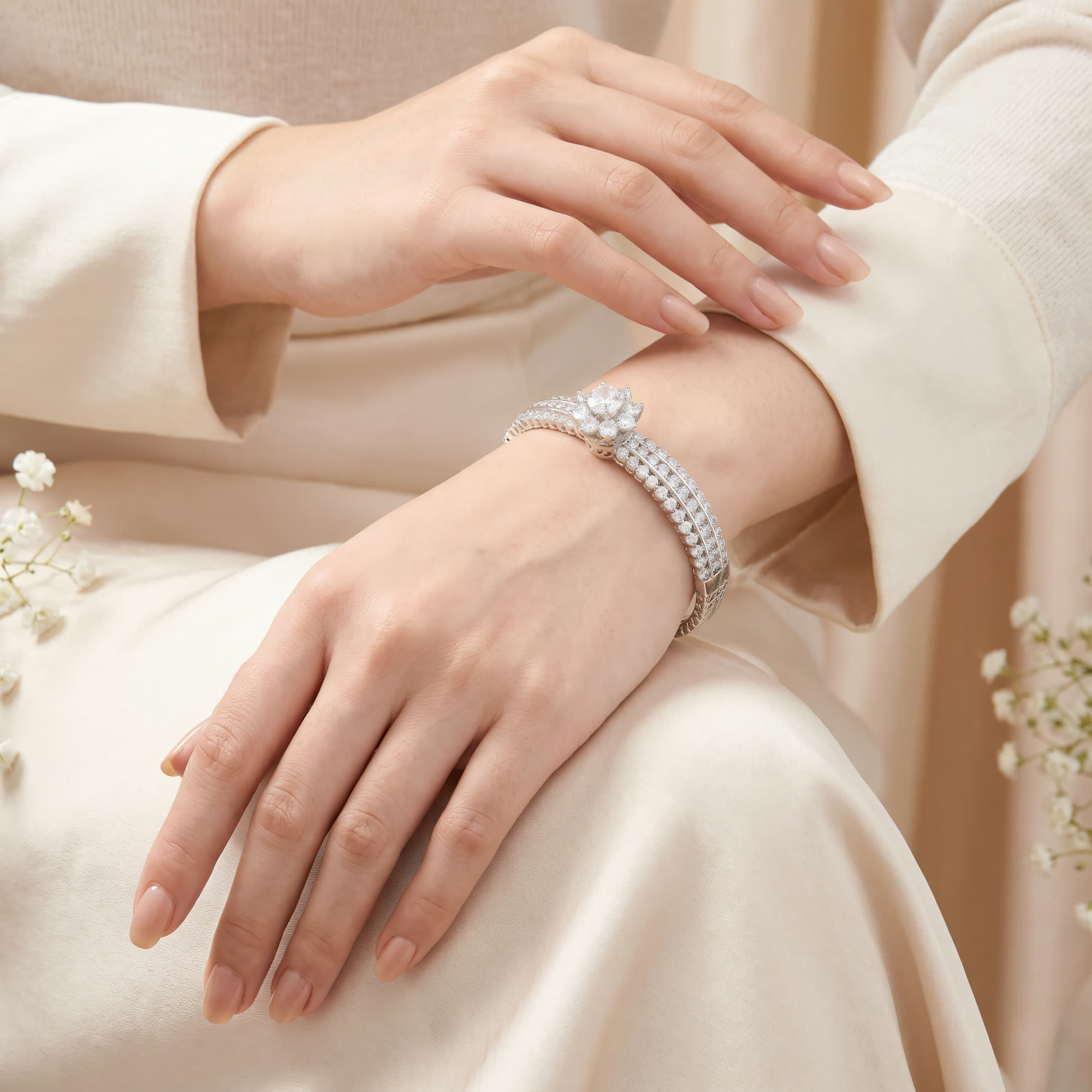 Moissanite Flower Bangle in White Gold-Plated Sterling Silver - worn on the wrist