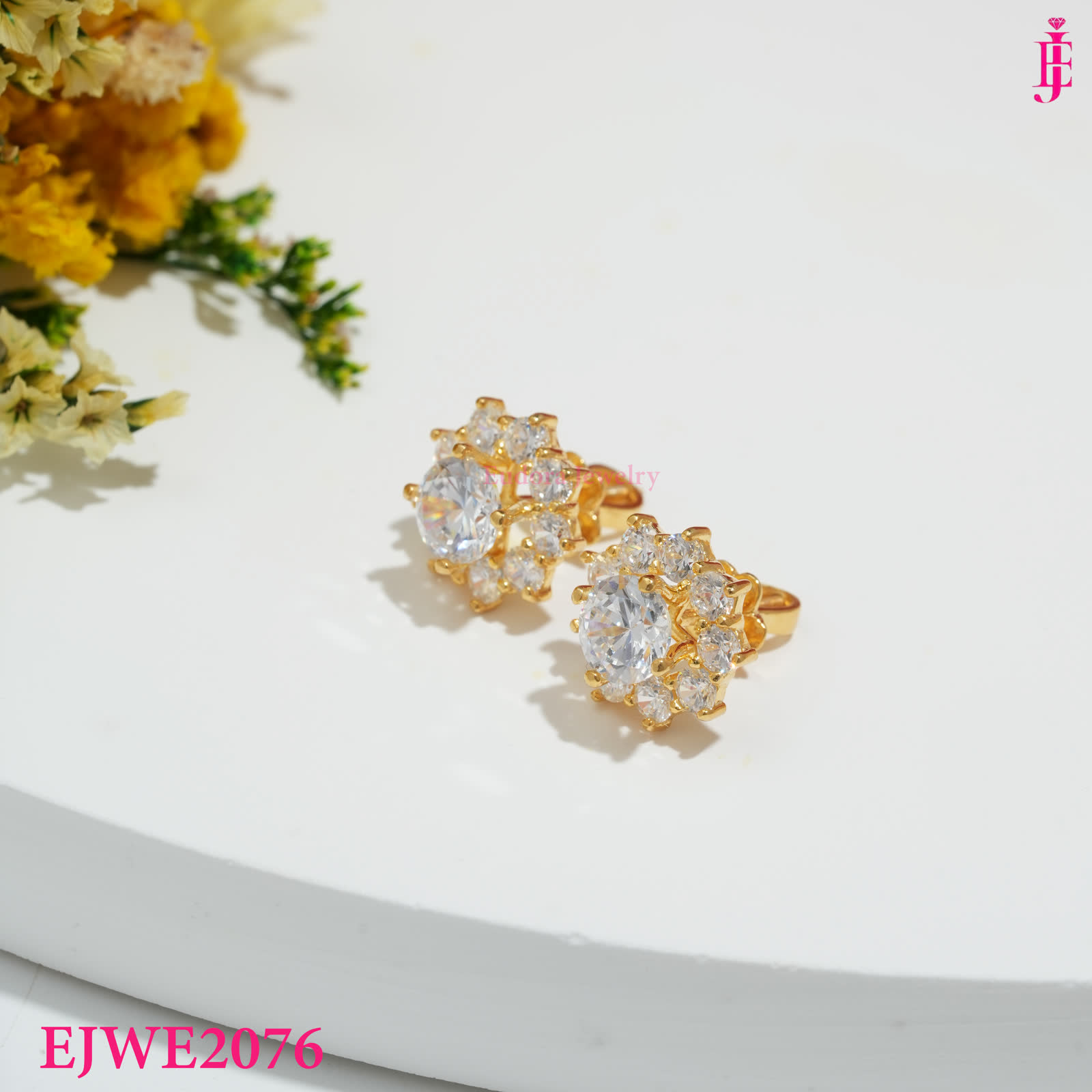 Gold-Tone Round Moissanite Floral Halo Stud Earrings - detail view