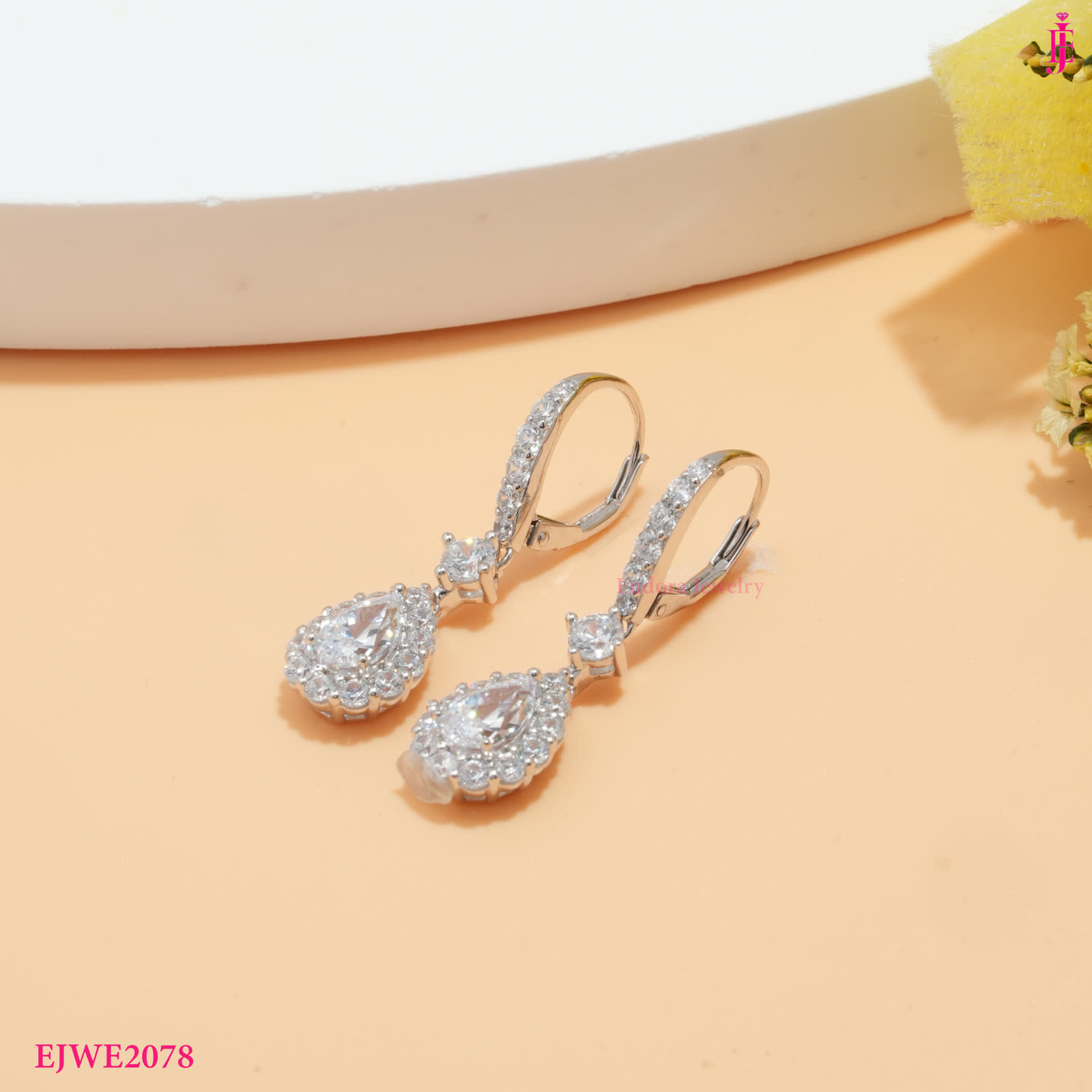 Silver-Tone Pear Halo Drop Earrings - alternate view