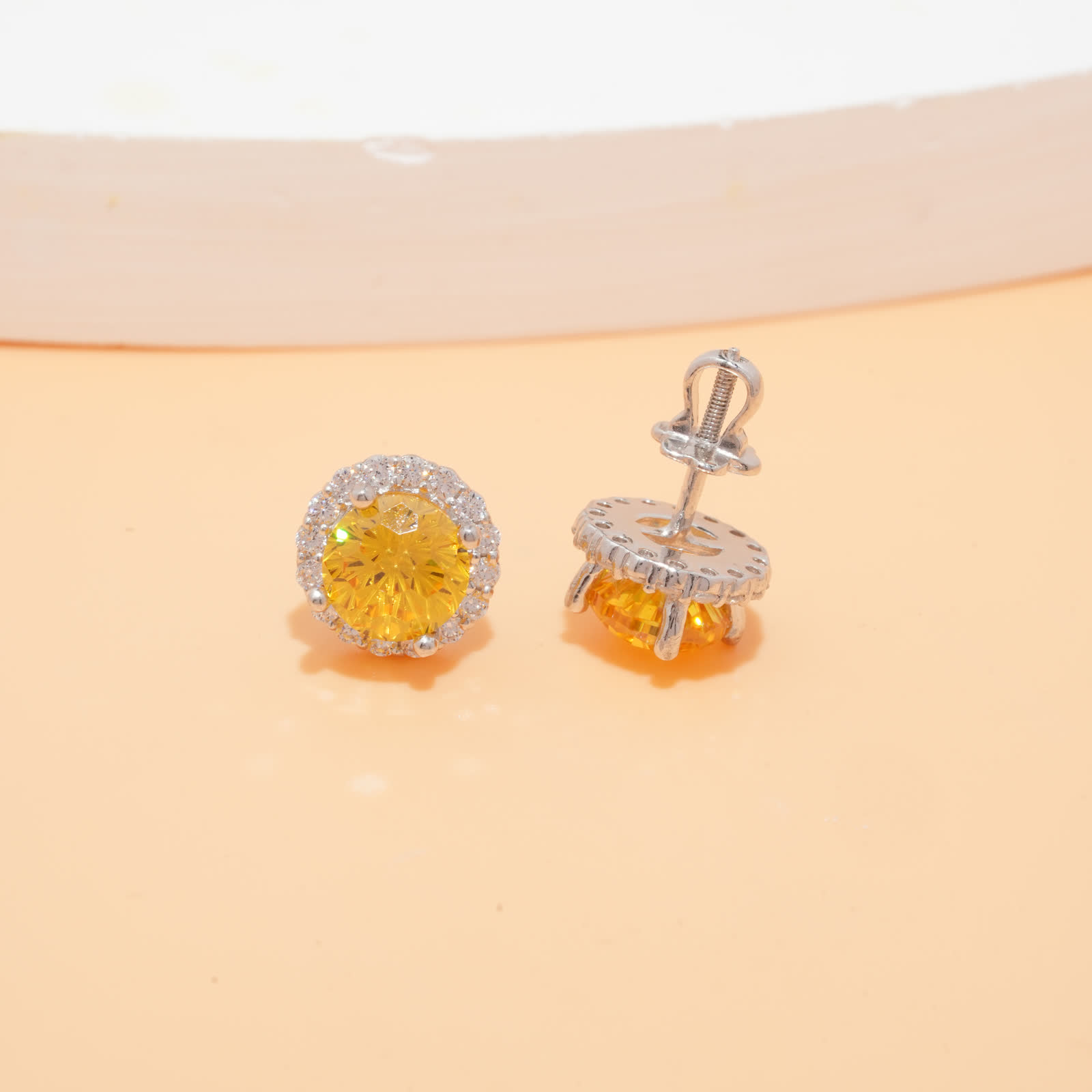Silver-Tone Yellow Round Halo Stud Earrings - alternate view
