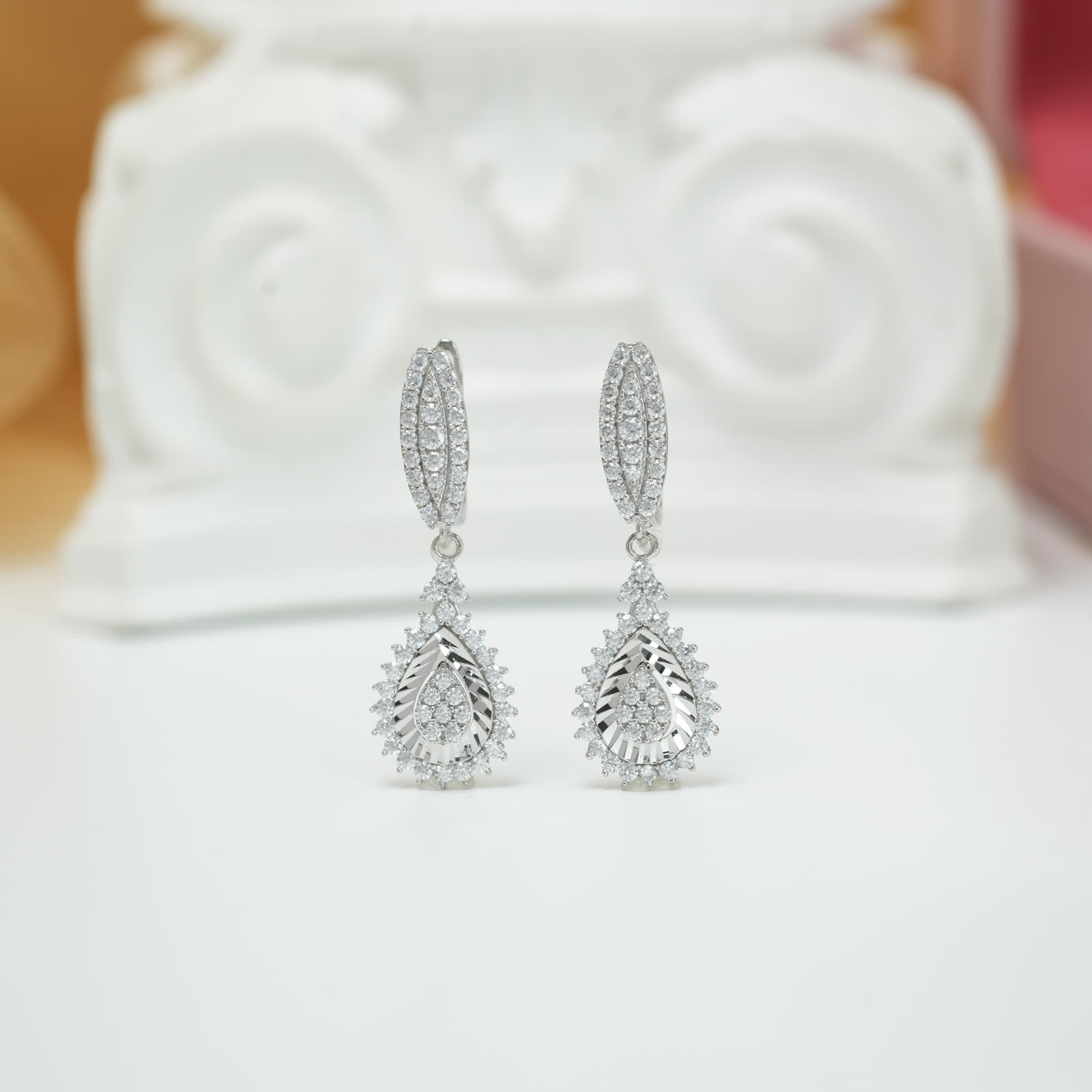 Teardrop Halo Drop Earrings in Gold-Plated Silver - detail view