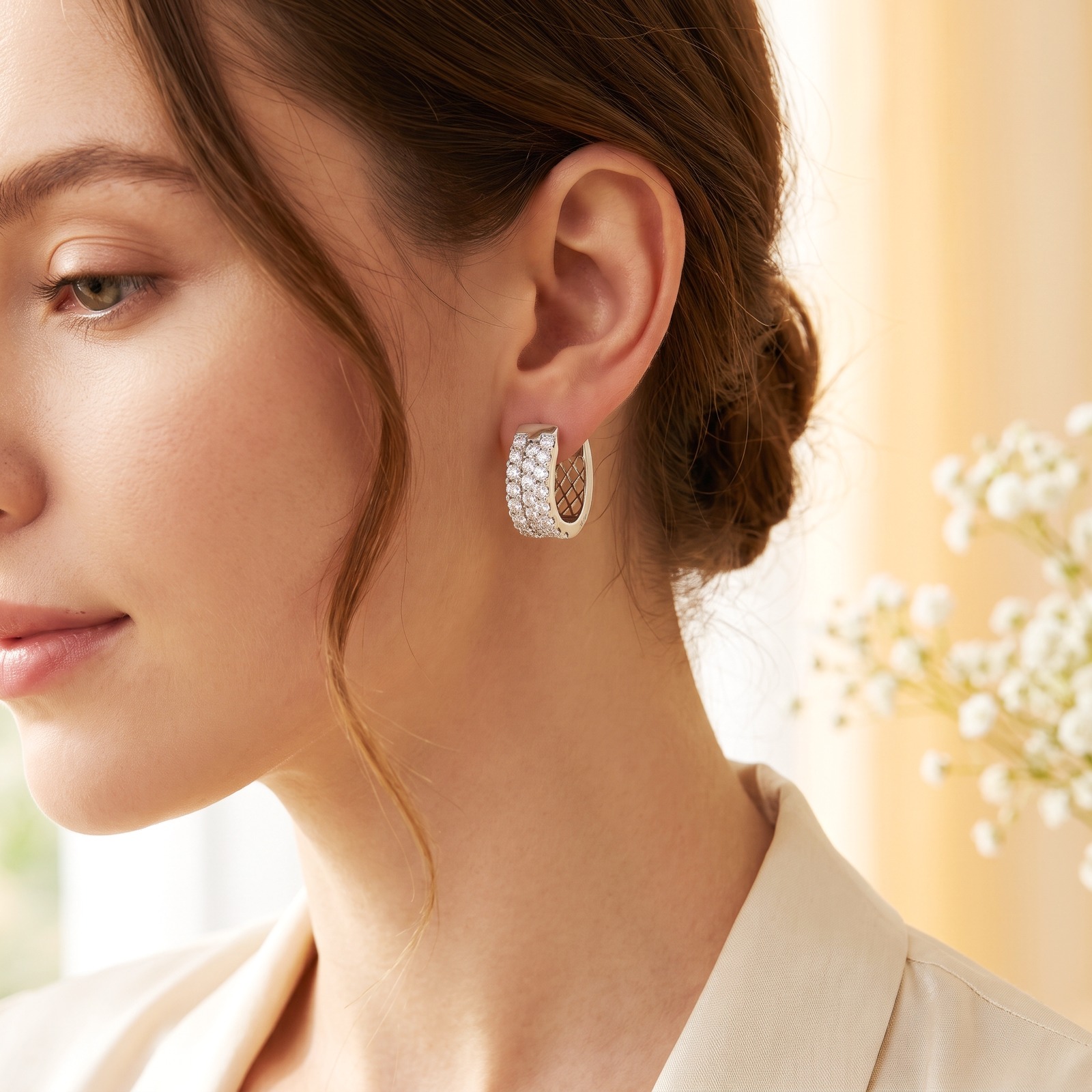 Three-Row Moissanite Huggie Hoop Earrings in 14K White Gold - worn