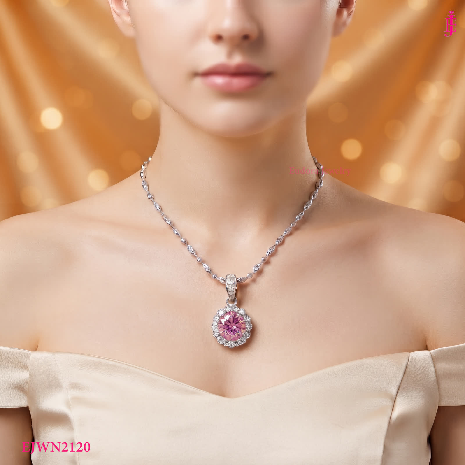 Pink Moissanite Scalloped Halo Necklace in Platinum-Plated Sterling Silver - worn view