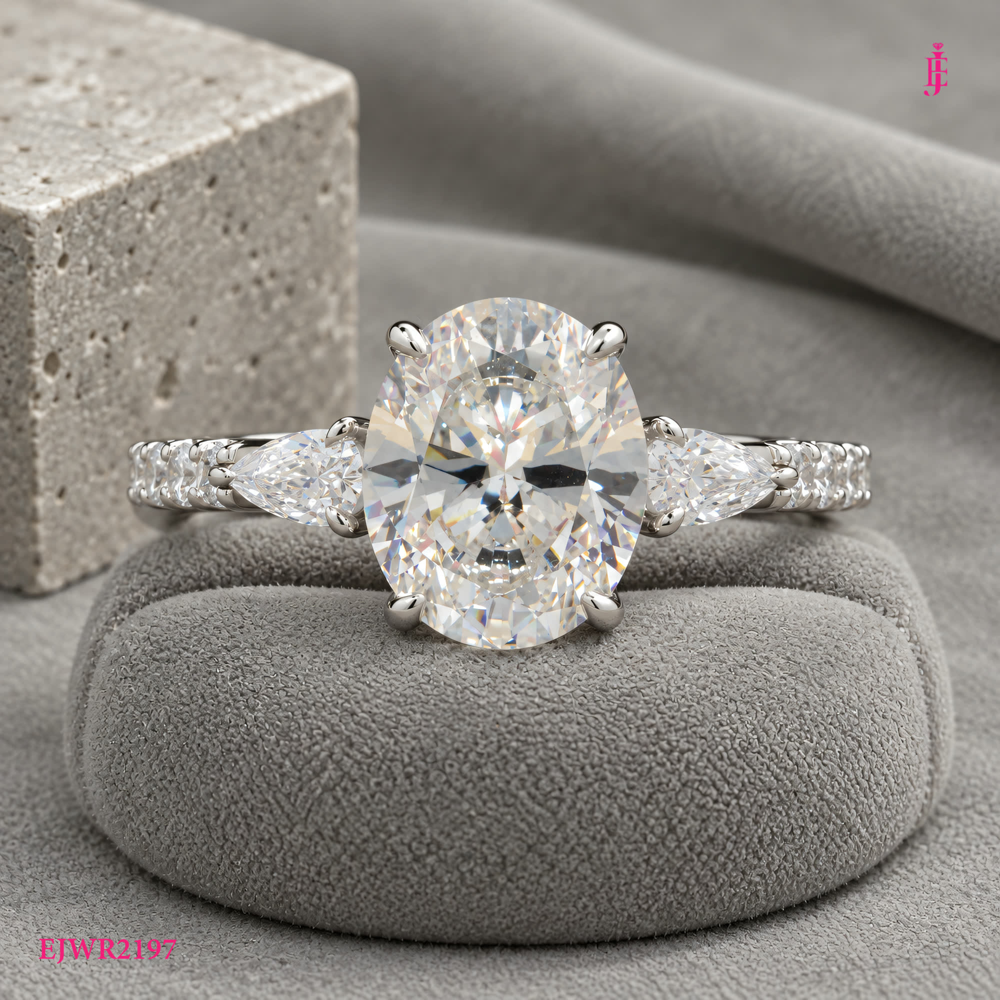 Oval CZ Three-Stone Ring in White Gold-Plated Sterling Silver - close-up