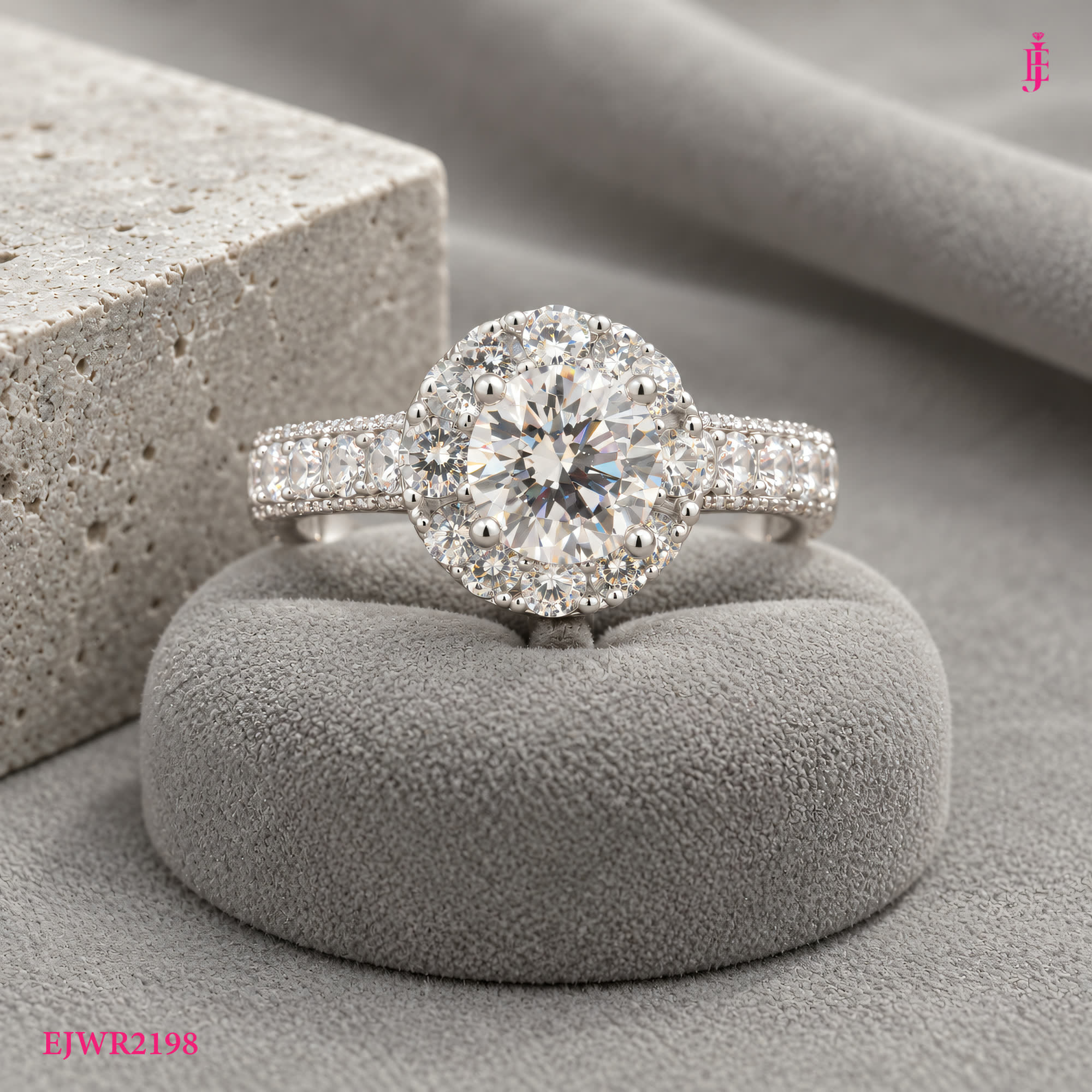 Round Moissanite Halo Ring in White Gold-Plated Sterling Silver - close-up