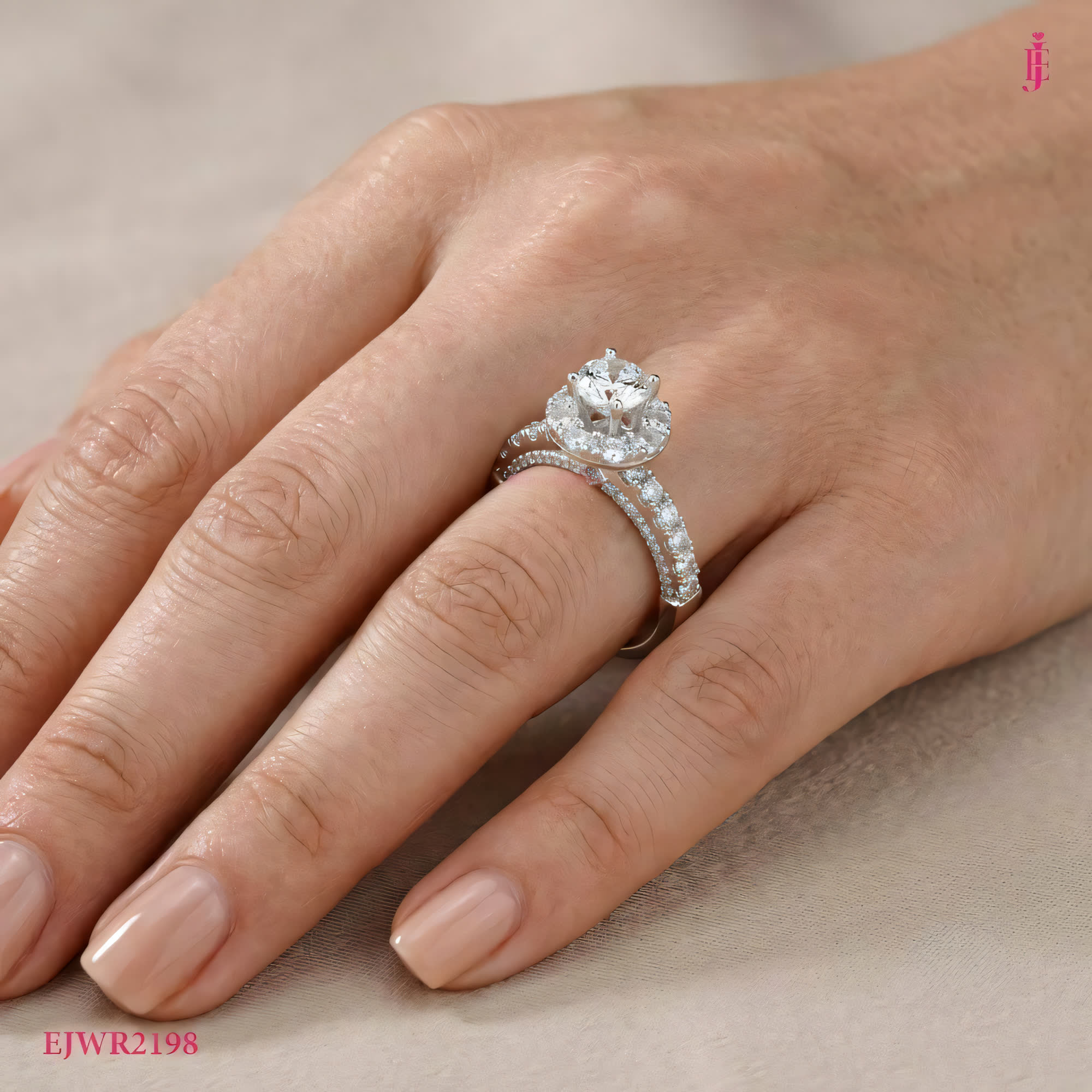 Round Moissanite Halo Ring in White Gold-Plated Sterling Silver - worn on the hand