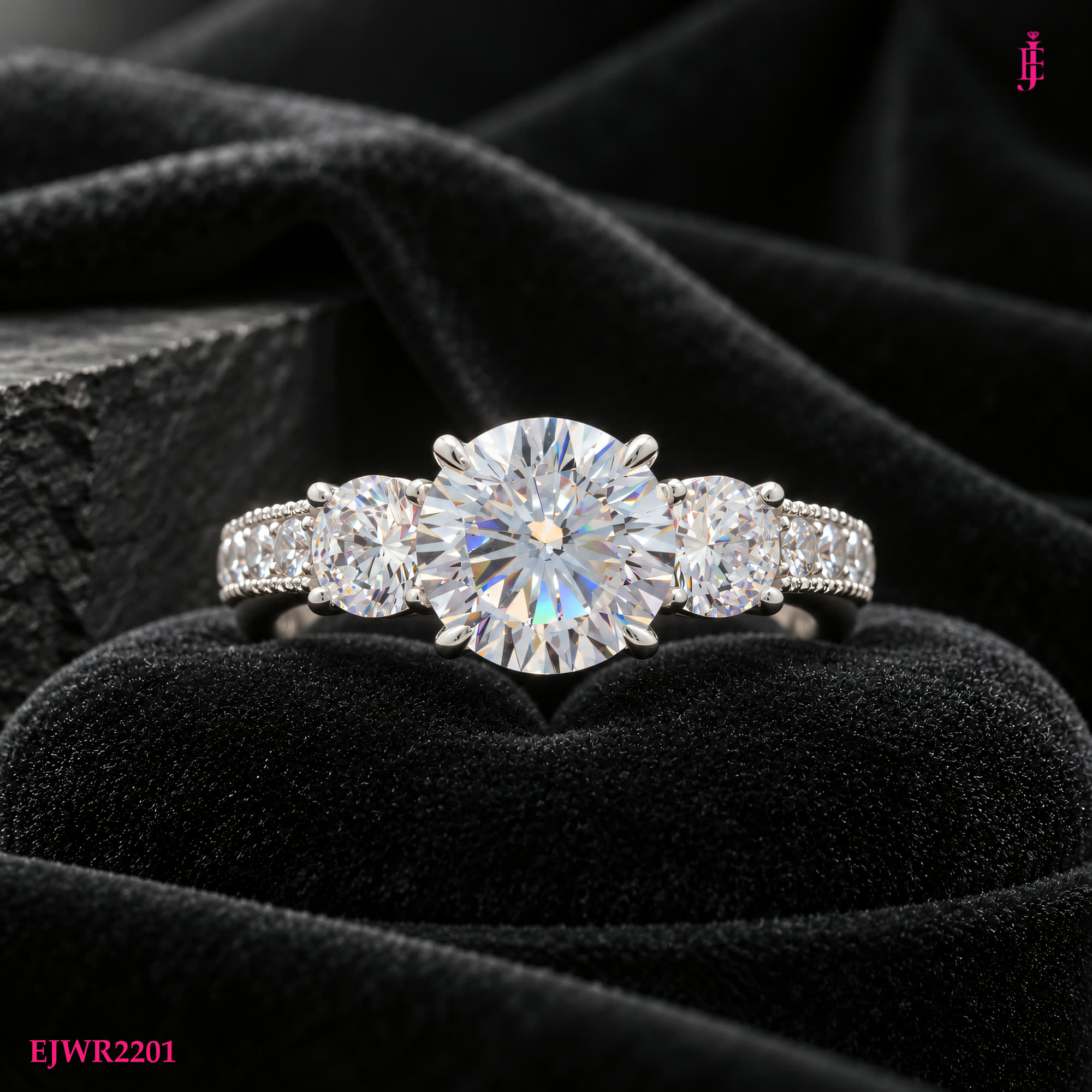 Moissanite Side-Stone Ring in White Gold-Plated Sterling Silver - close-up