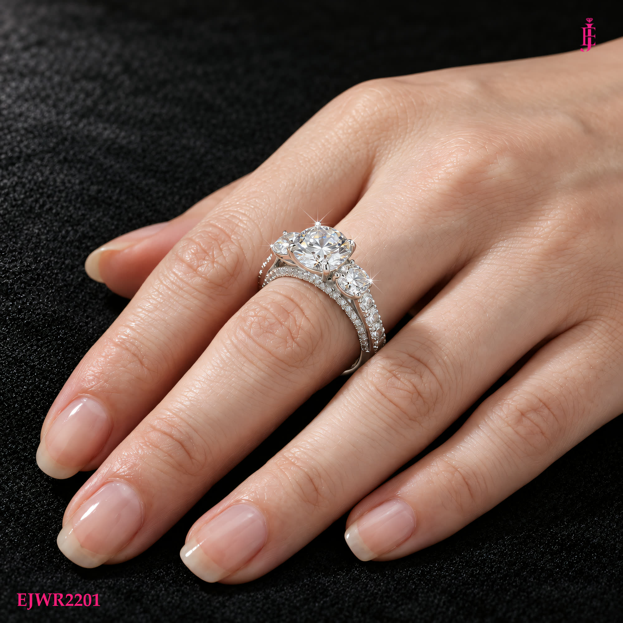 Moissanite Side-Stone Ring in White Gold-Plated Sterling Silver - worn on the hand