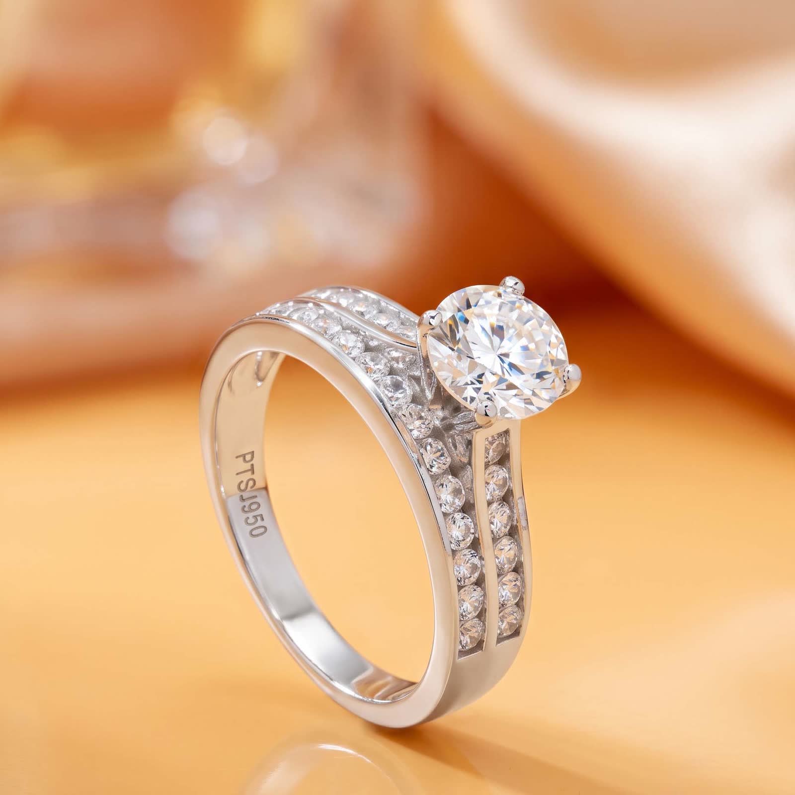 Round solitaire ring viewed at an angle