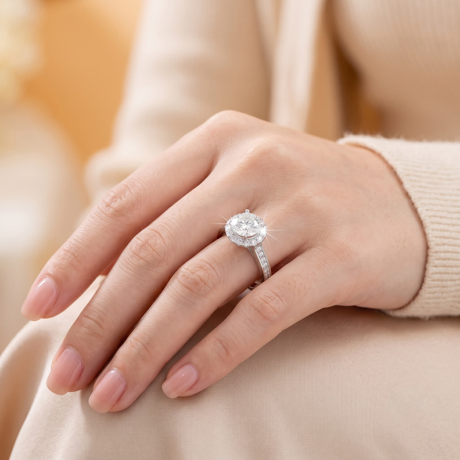Round Halo CZ Ring in Platinum-Plated Sterling Silver - worn view
