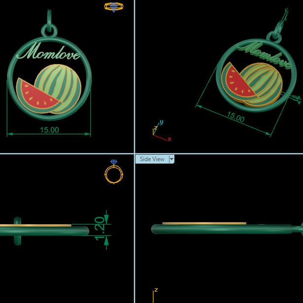 3D design drawing of a custom pendant